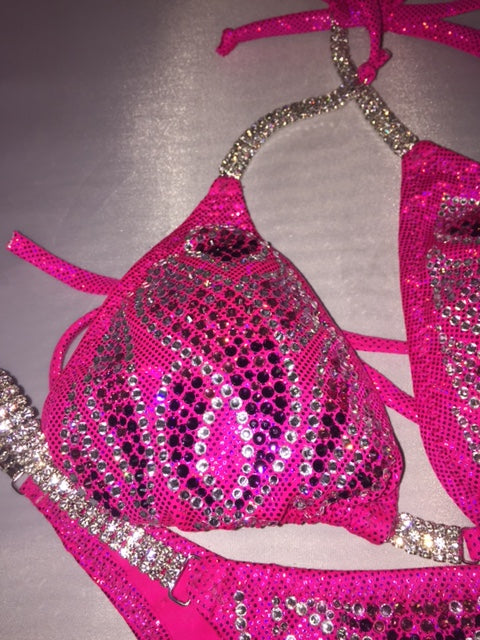 Hot Pink Rhinestone Competition Bikini Set - CS3403 High Quality Padded Top & Bottom for Women | Perfect for Beach, Pool, Swimwear Shows & Pageants