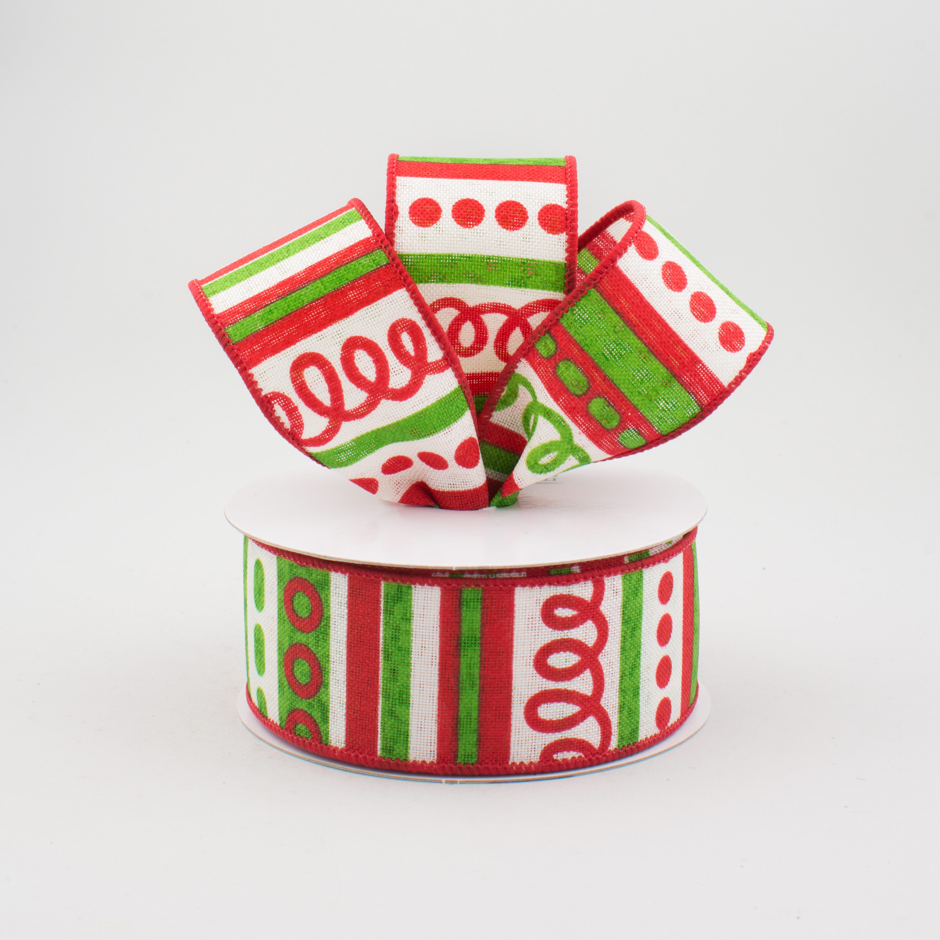 1.5 Inch Loopy Stripes Holiday Ribbon - Christmas Decorative Ribbon in White, Red & Green (10 Yards) for Gift Wrapping, Tree Decorations & DIY Crafts