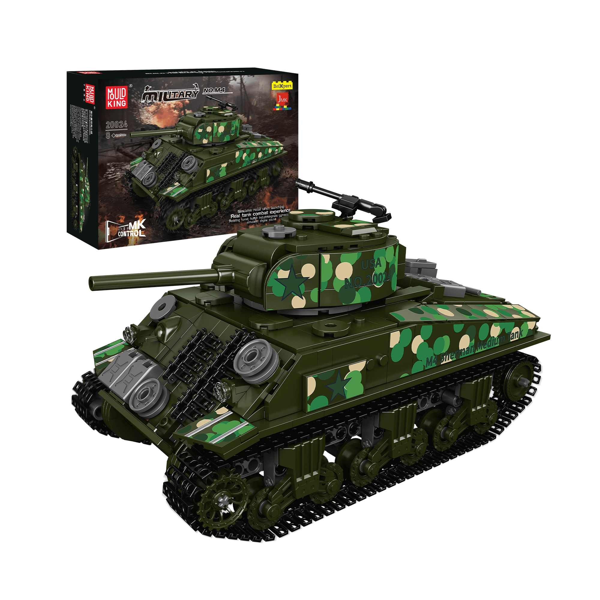 MOULD KING 20024 M4 Sherman Tank Remote Control Building Blocks Set - 950 PCS Military Model Kit for Adults & Teens | DIY Construction Toy for Collectors, Gift for Tank Enthusiasts | Battlefield Display & STEM Learning Activity