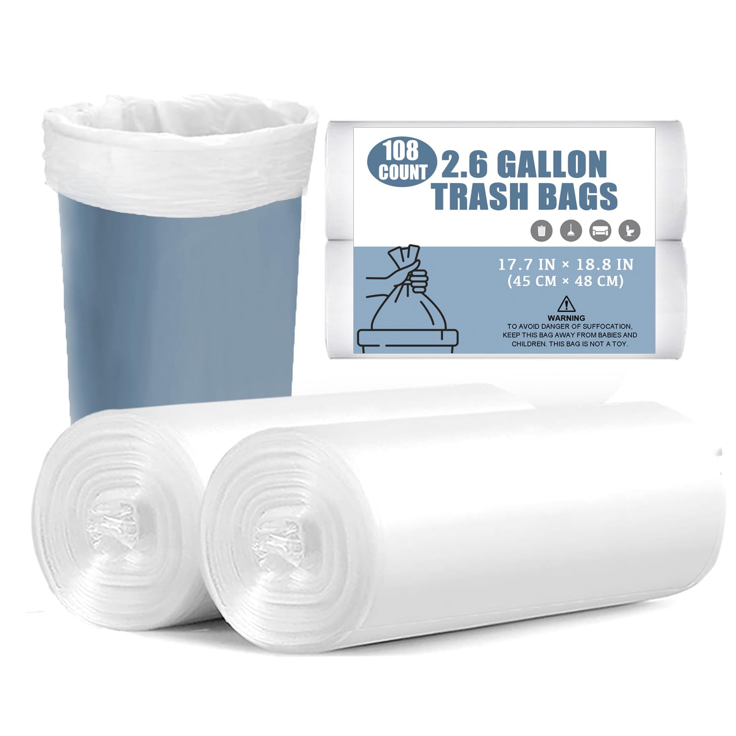 2.6 Gallon Small Trash Bags - 108 Count White Bathroom & Kitchen Garbage Bags, Perfect for Office, Bedroom, Bathroom & Small Trash Cans - Odor Control & Leak Proof Liners for Daily Use