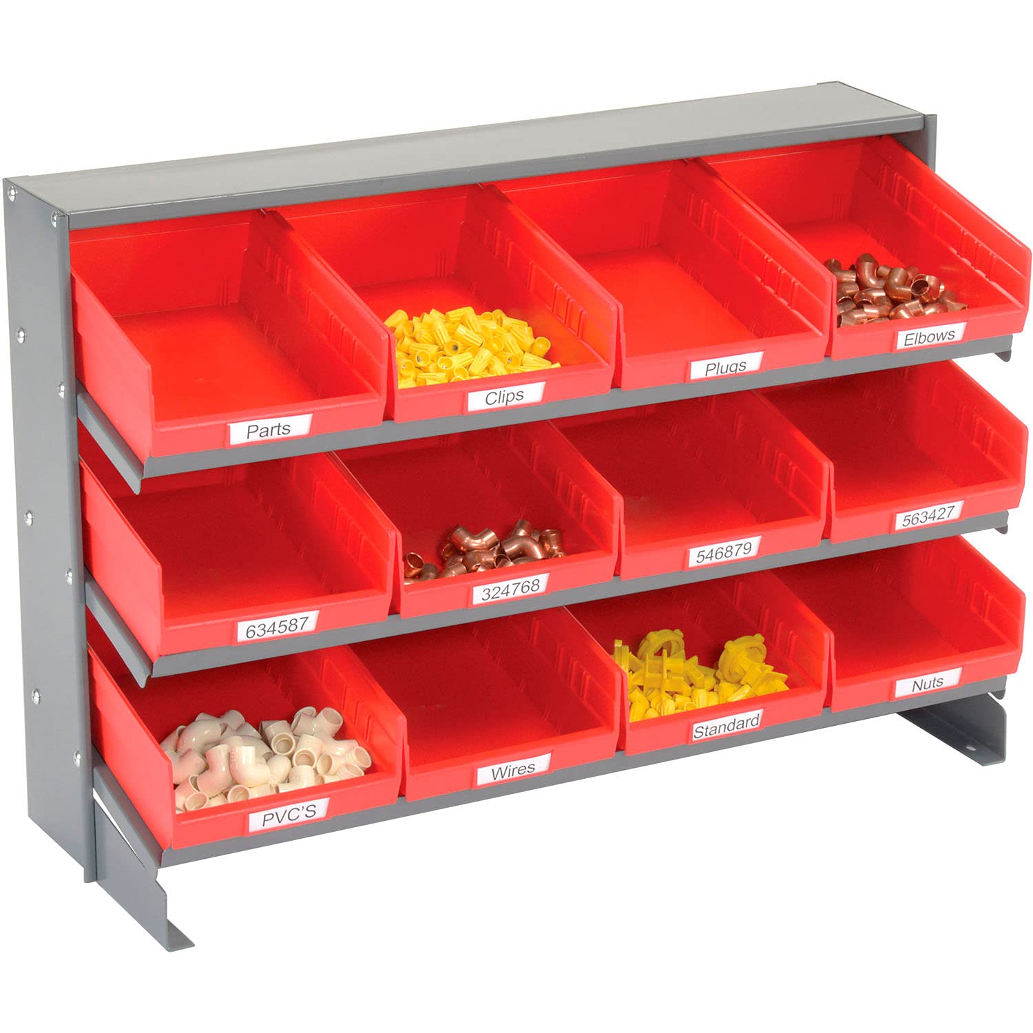 Global Industrial 3-Shelf Storage Bench Rack with 12 Red 8-Inch Wide Bins - 33x12x21 Inches - Perfect for Garage Organization, Warehouse Storage & Retail Display