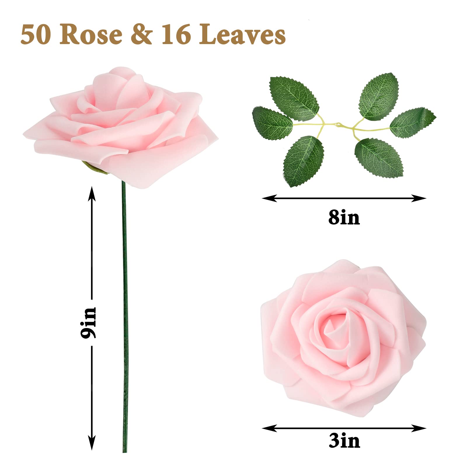 50Pcs Light Pink Artificial Foam Roses with Stems - Bulk Fake Flowers for Wedding Centerpieces, Bridal Shower Decor, Table Arrangements - Perfect for Home, Office & Event Decorations