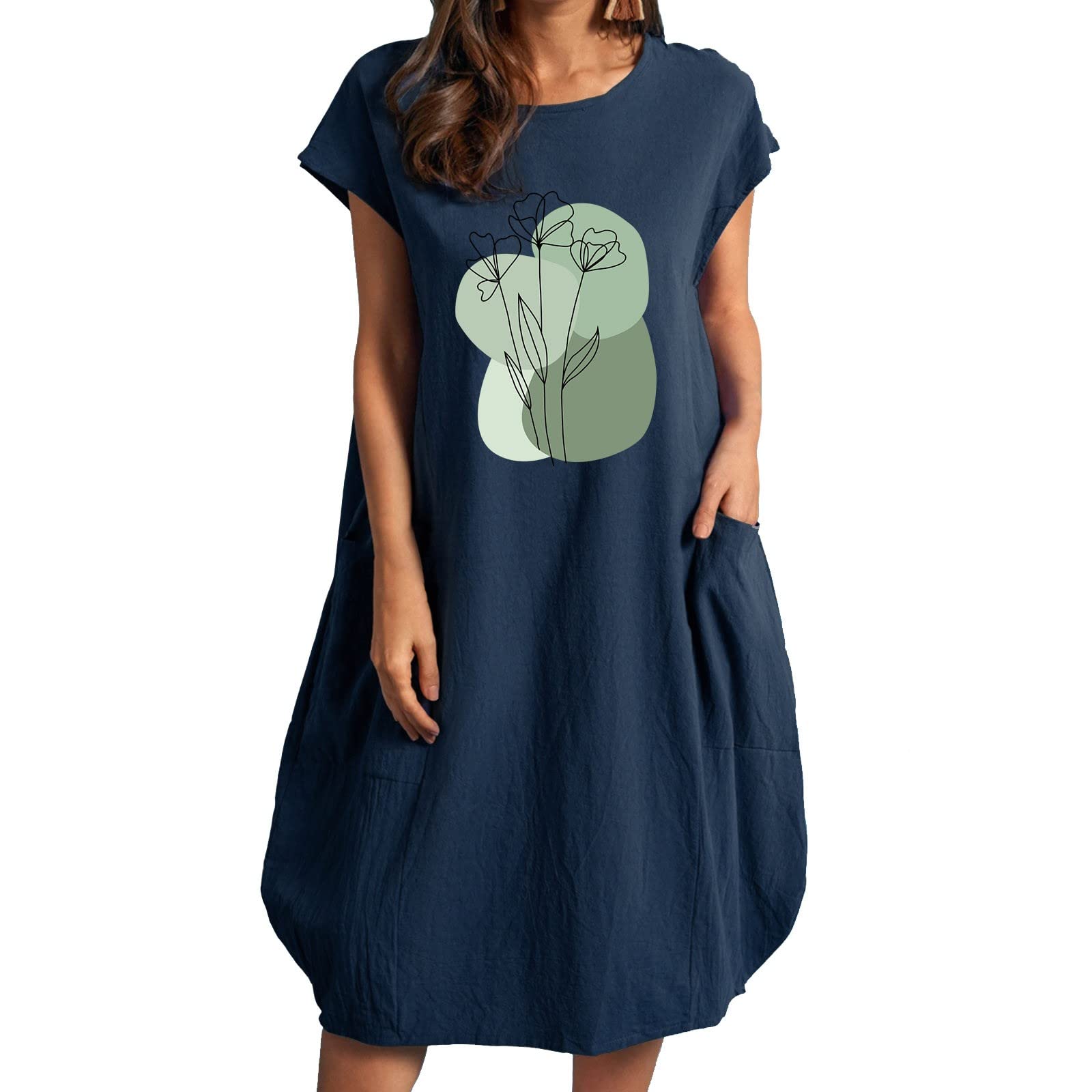 Women's Printed Leaf Loose Short Sleeve Summer Dress - Round Neck Casual Trendy Dress for Women | Perfect for Beach, Vacation & Everyday Wear
