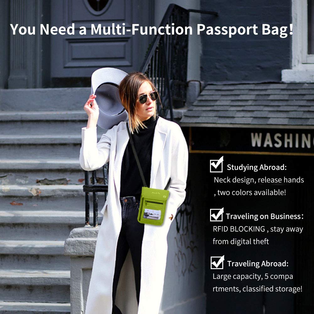 RFID Passport Holder for Travel - Waterproof Document Organizer with Visual Window | Neck Wallet for Men & Women | Perfect for Airports, Vacations & Business Trips (Green)