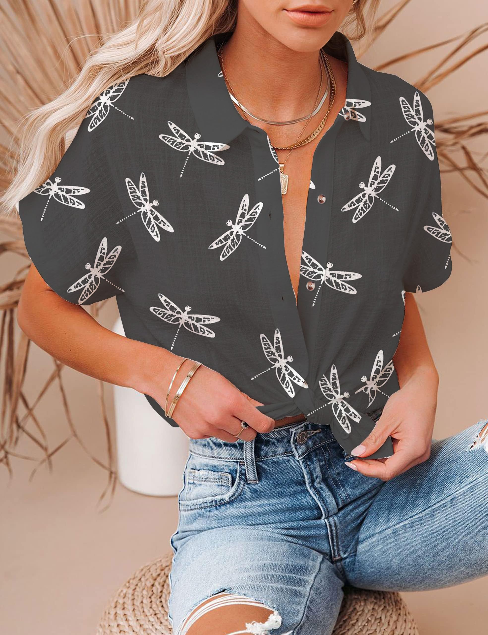 Women's Floral Print V-Neck Short Sleeve T-Shirt - Summer Blouse for Casual & Dressy Wear - Perfect for Beach Outings, Brunch Dates & Office Casual Fridays