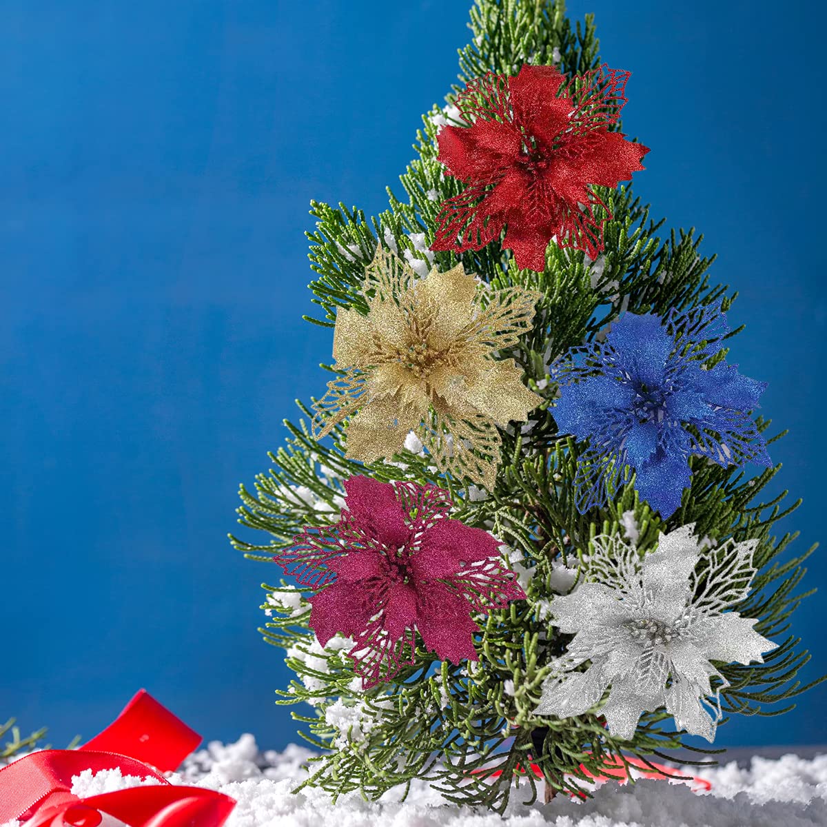 10 Pcs Rose Gold Glitter Poinsettia Flowers - Artificial Christmas Tree Ornaments for Holiday Wedding Decorations | Perfect for Xmas Tree, Wreaths, Table Centerpieces & Festive Home Decor