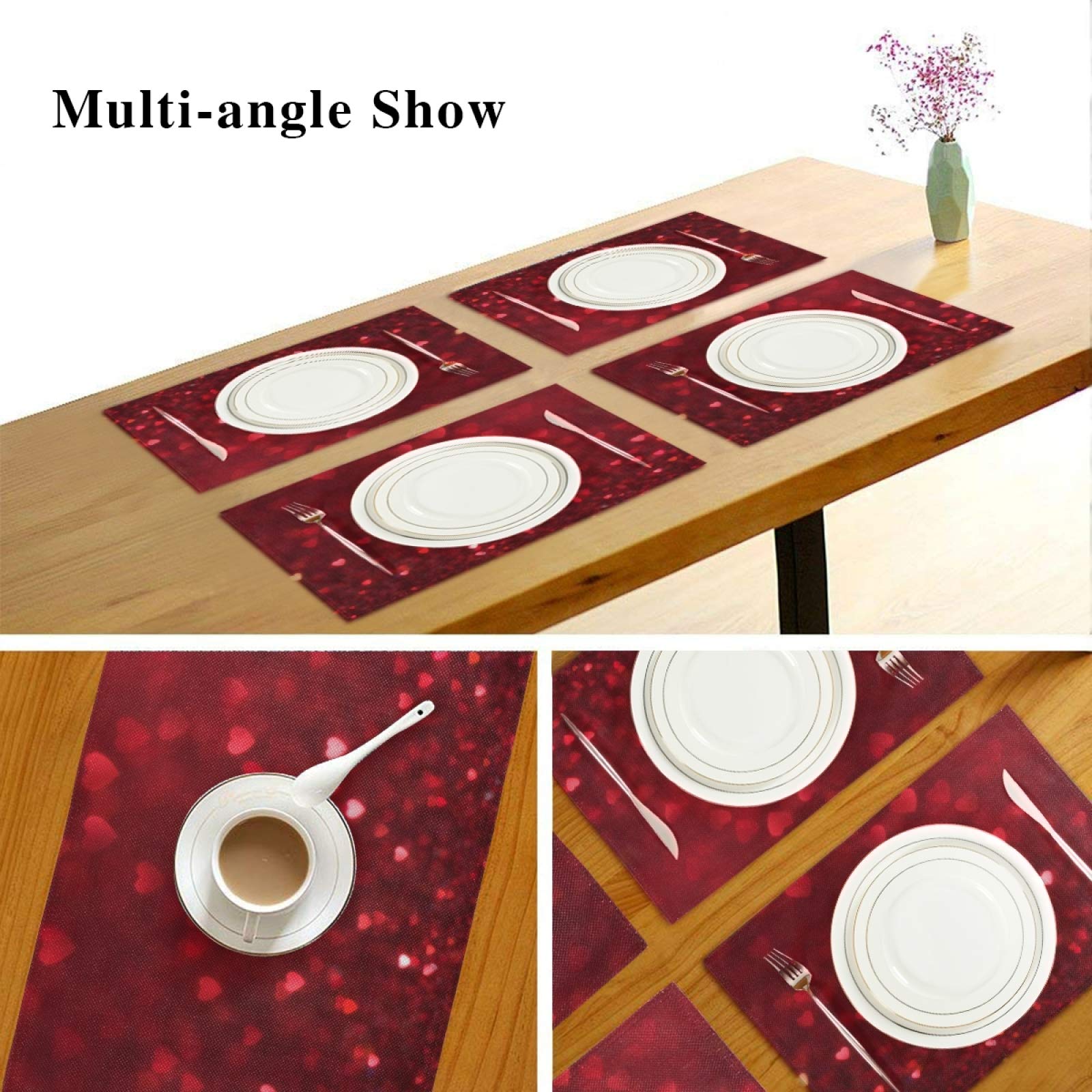 ALAZA Romantic Heart Red Valentine's Day Placemats Set of 4 - Non-Slip Vinyl Dining Table Mats 12x18 Inches for Kitchen & Home Decor - Perfect for Valentine's Dinners, Anniversary Celebrations & Romantic Date Nights