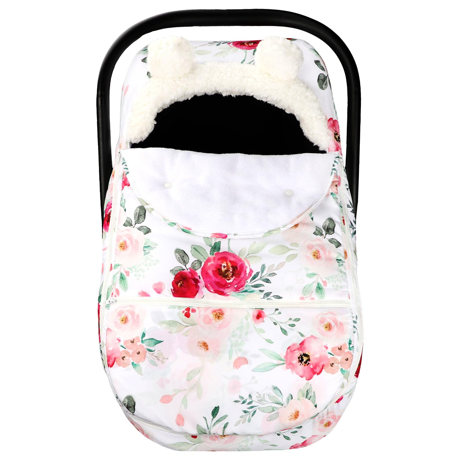 Universal Baby Car Seat Cover - Winter Warm & Cozy Zippered Canopy for Girls, Ultra-Soft Breathable Removable Design (Flower Pattern) - Perfect for Cold Weather Protection & Stylish Infant Travel