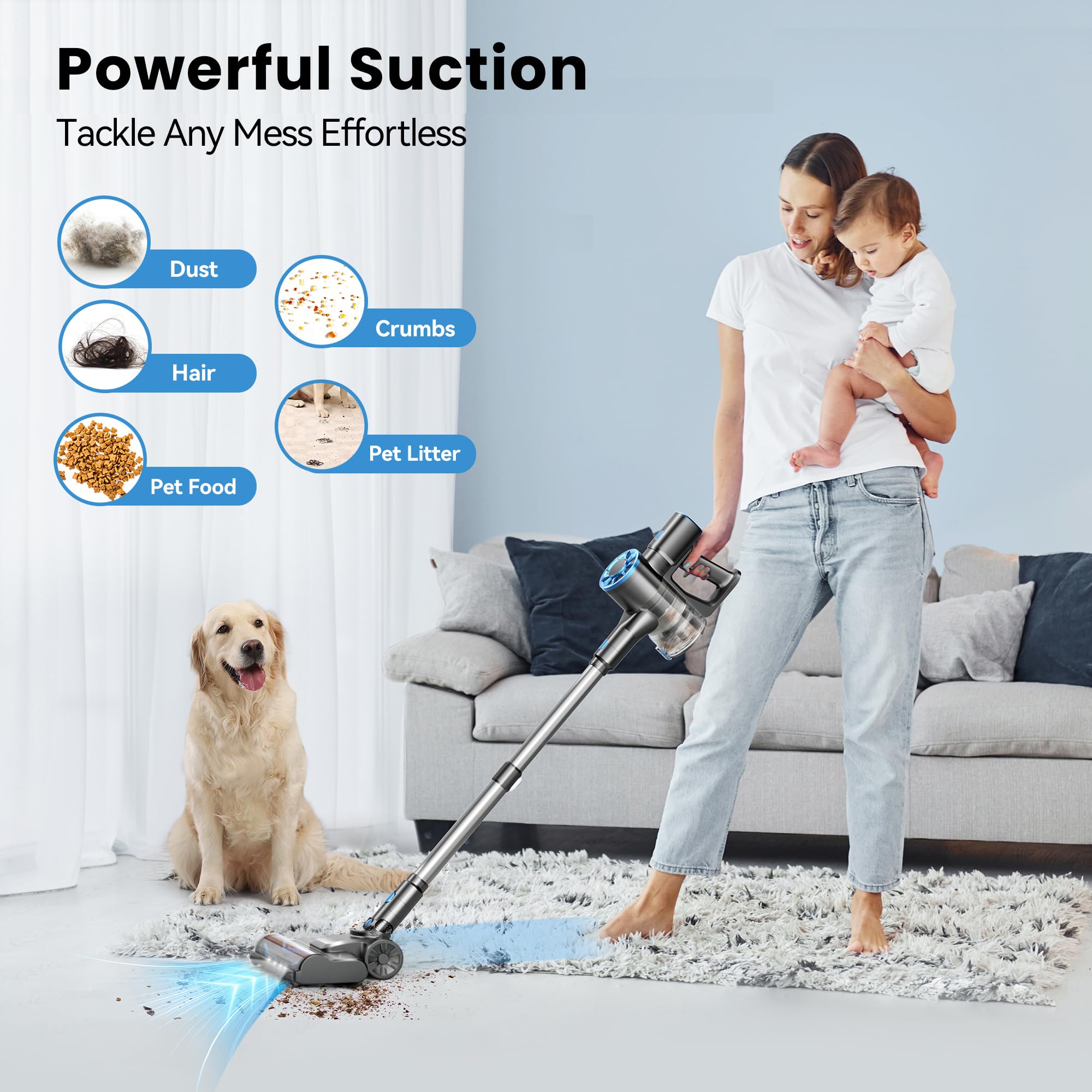 Vazone Cordless Stick Vacuum Cleaner - Lightweight, Self-Standing with Rechargeable Battery & LED Display - Ideal for Hardwood Floors & Pet Hair - Perfect for Home, Apartment, and Office Cleaning (Blue)