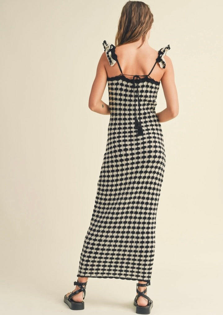 Black & Stone Checkered Crochet Knitted Ruffle Sleeve Dress - Elegant Boho Chic Dress for Women, Perfect for Summer Parties, Beach Vacations & Date Nights