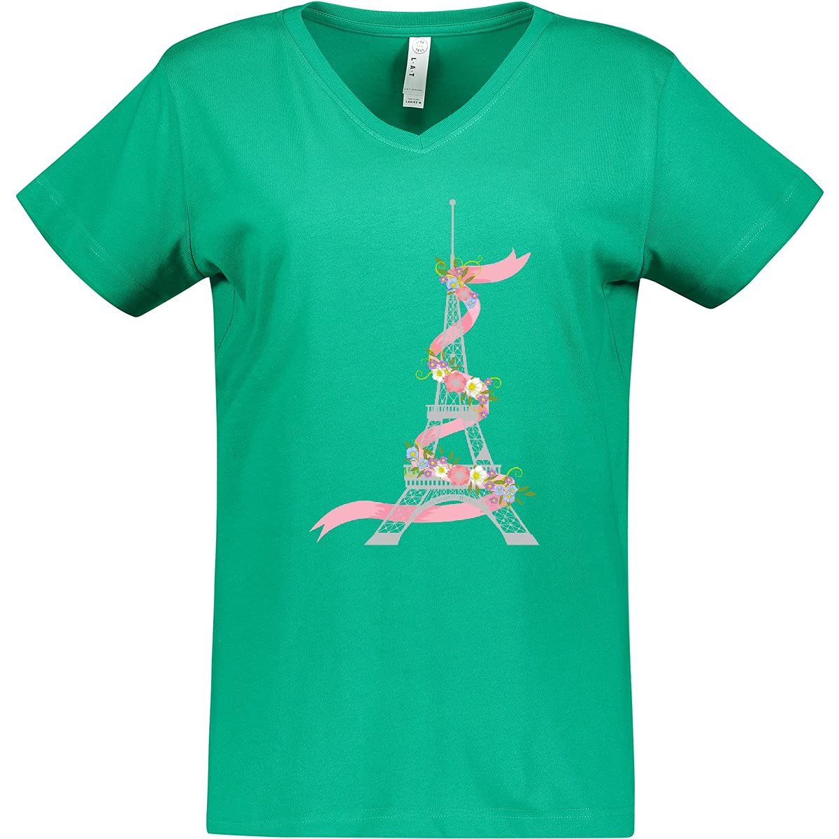 Inktastic Women's Cute Eiffel Tower with Pink Ribbon & Flowers V-Neck T-Shirt | Parisian Themed Casual Top for Travel, Date Night & Everyday Wear