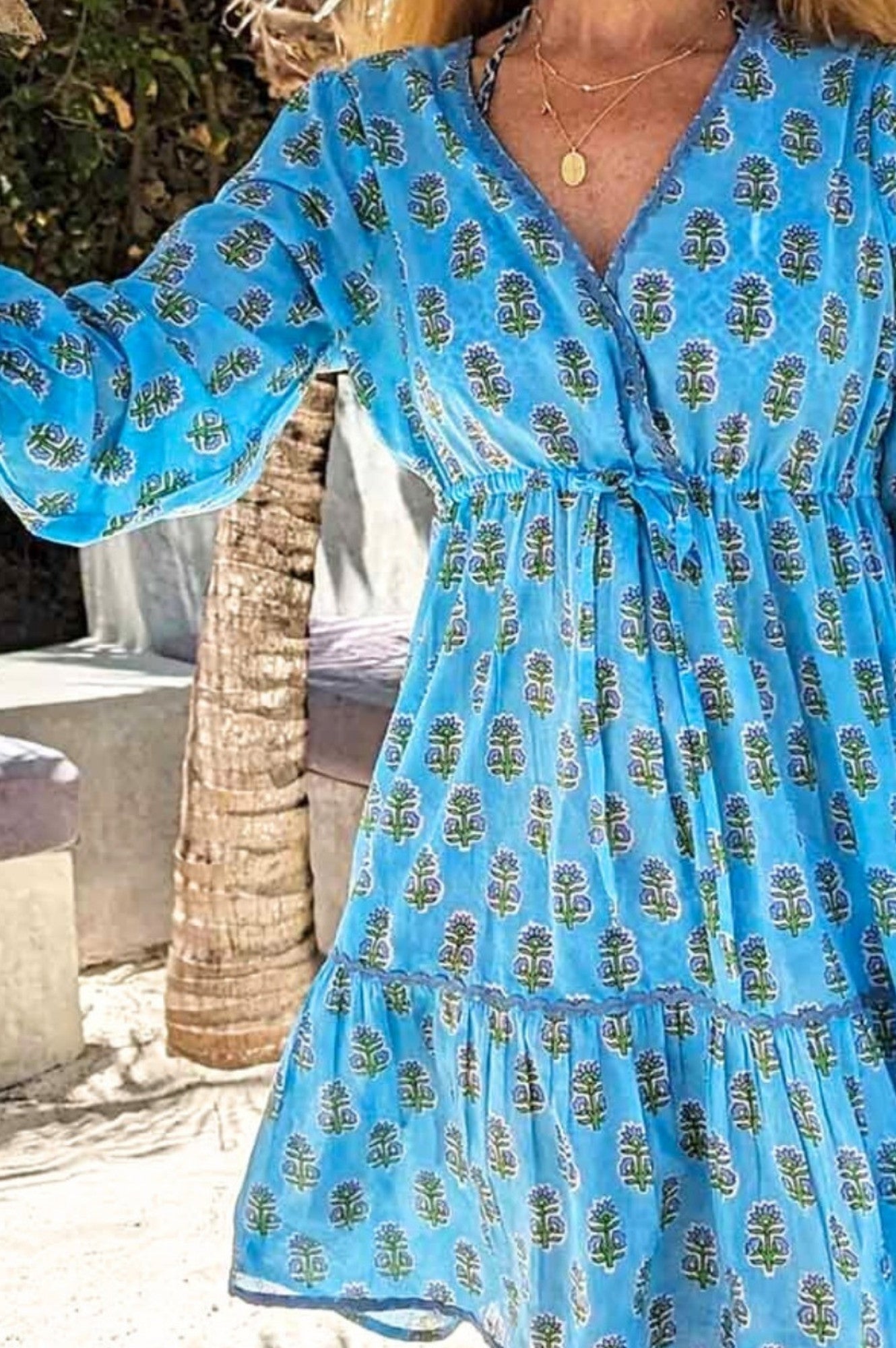 Maggie Dress - Sunflower Print Buti Turquoise Bohemian Maxi Dress for Women | Perfect for Beach Vacations, Summer Parties & Casual Outings