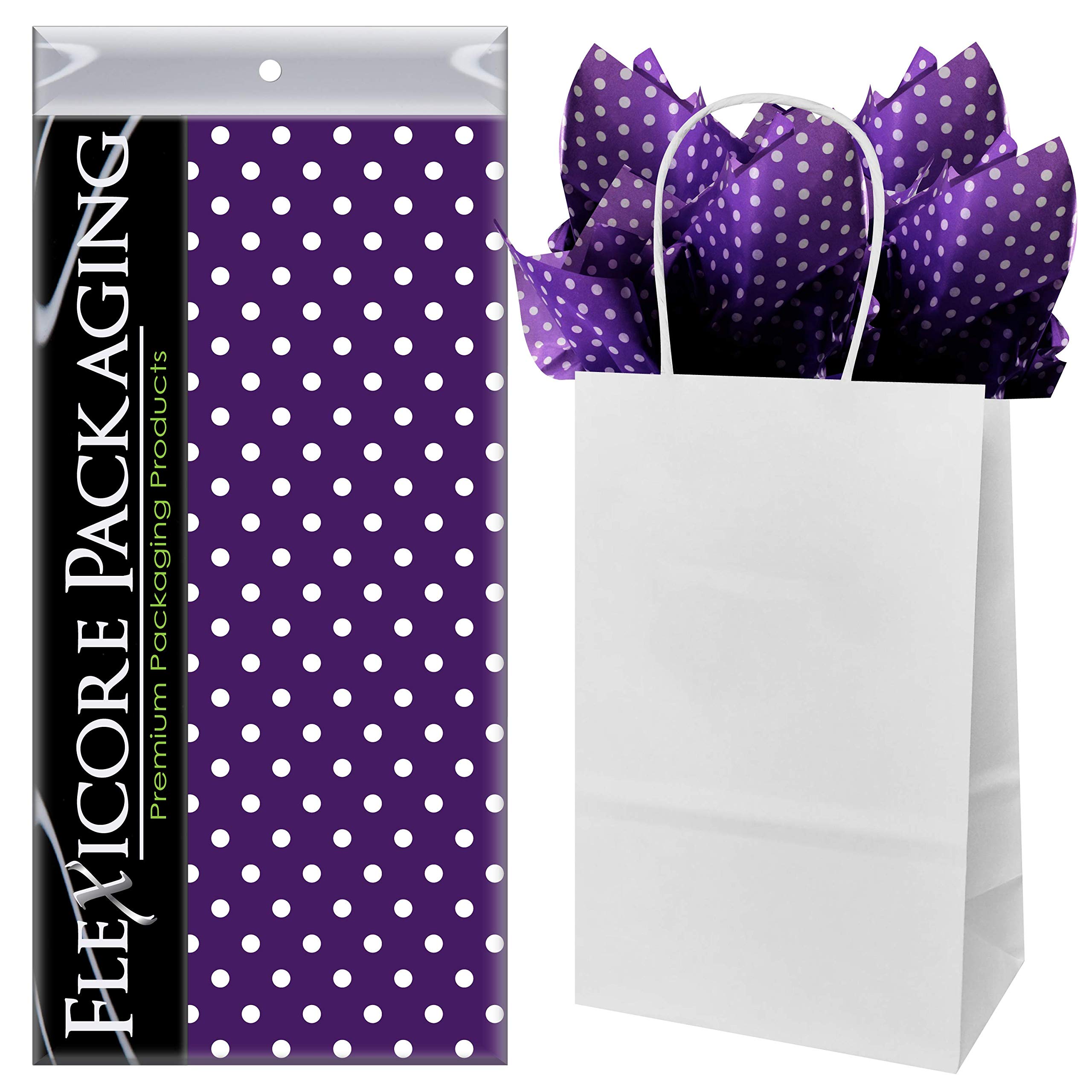 Premium White Kraft Paper Gift Bags with Purple Polka Dot Design - 5.25