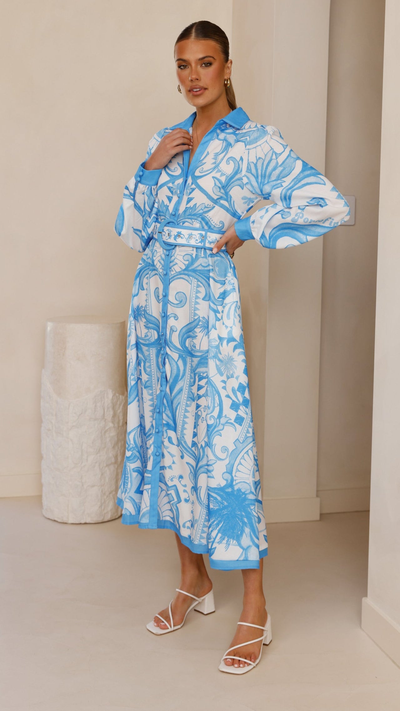Madeline Long Sleeve Midi Dress - Portofino Azure Blue Flowy Women's Dress for Casual Wear, Office & Date Night