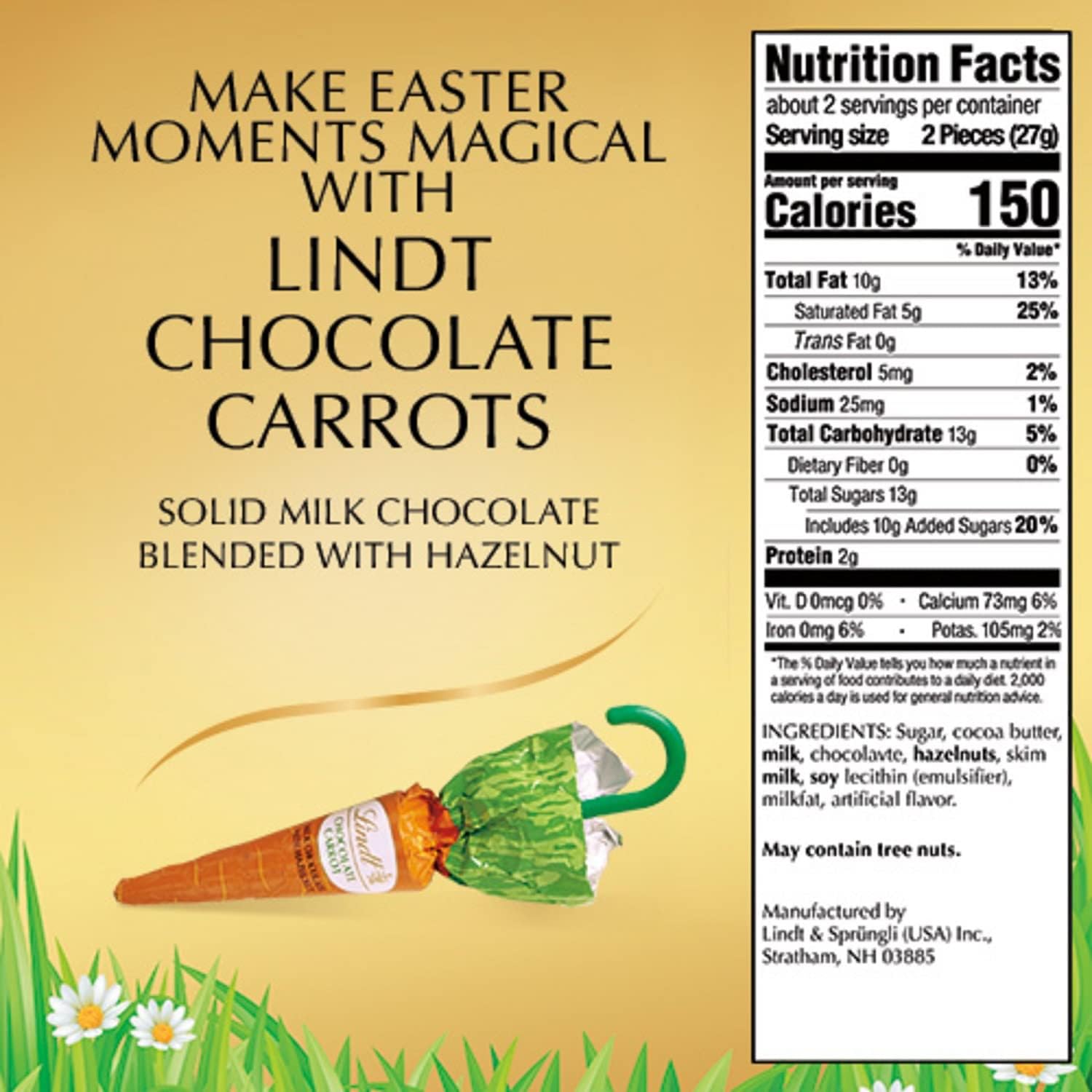 Lindt Chocolate Carrots - 4-Pack Solid Milk Chocolate Easter Treats with Hazelnut - Bunny-Shaped Smiling Sweets for Easter Baskets, Party Favors & Holiday Gifting - Delicious Snack for Kids & Adults