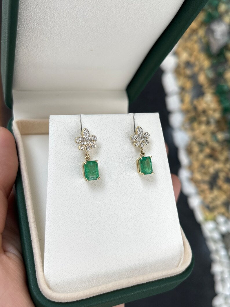 2.55ctw 14K Gold Natural Medium Yellowish Green Emerald & Diamond Fleur De Lis Dangle Earrings for Women - Elegant Jewelry Gift for Brides, Weddings & Special Occasions