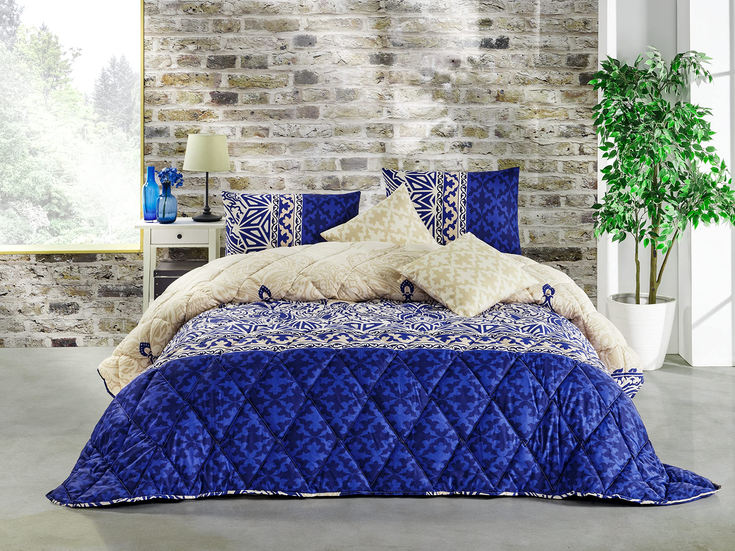 Empire Home Fashi Istanbul Collection Handmade 5-Piece Comforter Set - 100% Cotton Blend Modern Bedding with Matching Shams & Decorative Pillows (Royal Blue Geometric Pattern, California King Size) - Perfect for Master Bedrooms, Guest Rooms & Luxury Hotel Style Decor