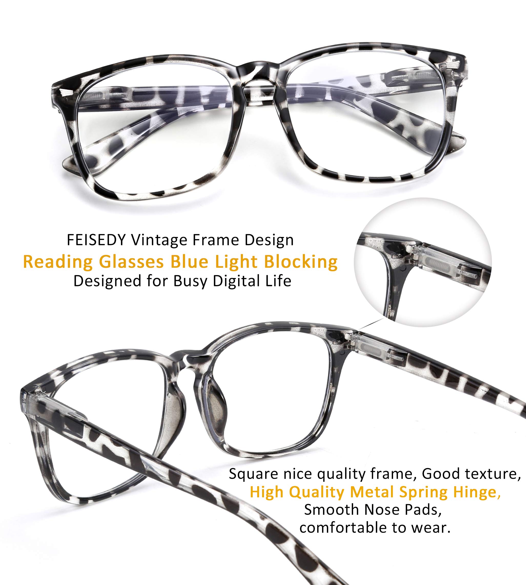 FEISEDY Vintage Blue Light Blocking Glasses for Women & Men - Anti Eyestrain Computer Glasses with Spring Hinge - Classic Reader Glasses B2519 for Office, Gaming & Digital Screen Use