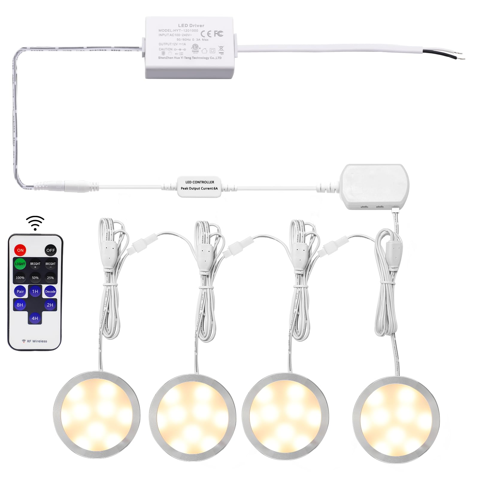 AIBOO Linkable 12V Slim LED Under Cabinet Lights - Dimmable Puck Lighting with RF Remote, Direct Wired for Kitchen, Closet & Shelf Accent (4 Pack, Warm White, No Wall Plug Included) - Perfect for Home, Office & Retail Display Lighting