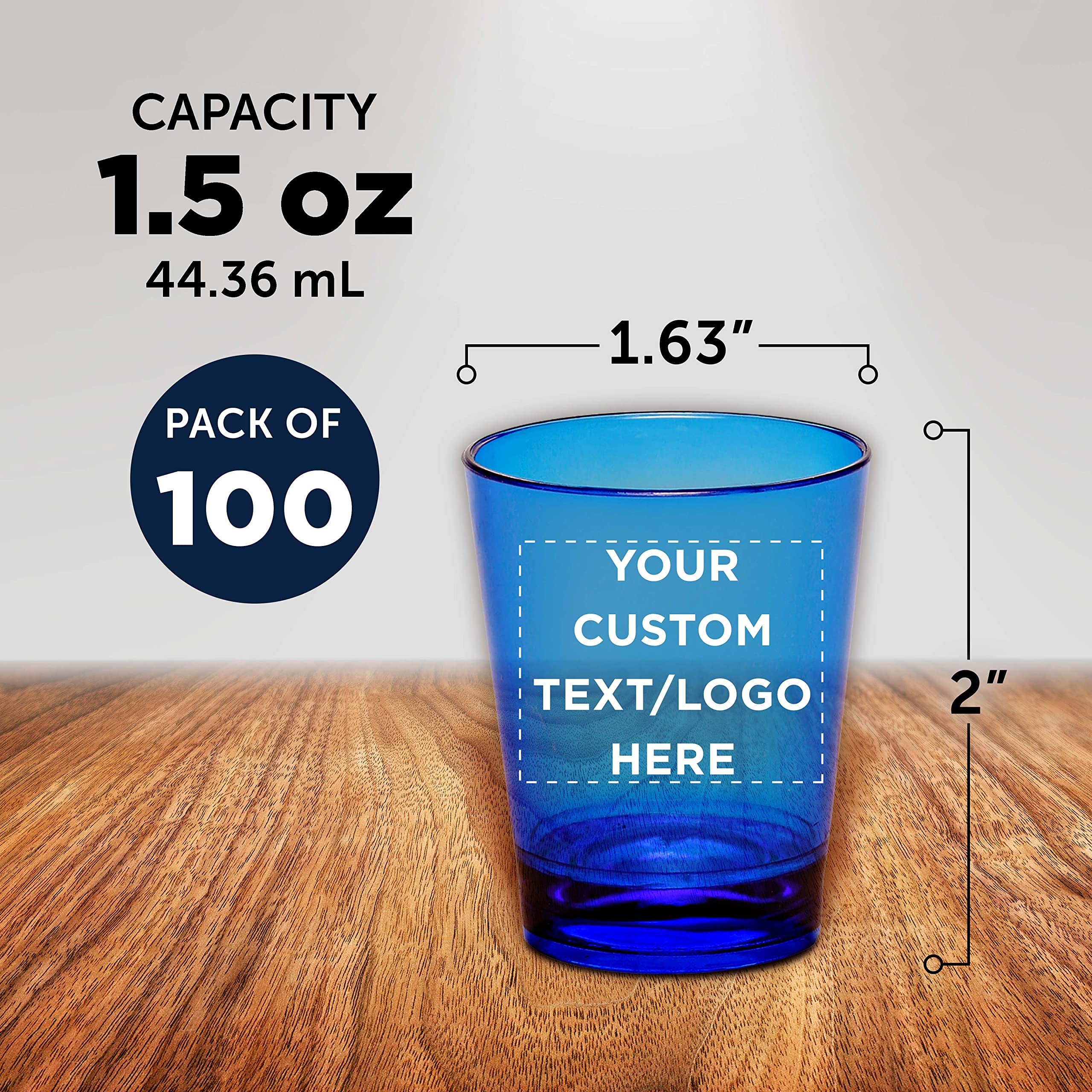 Custom Translucent Plastic Shot Glasses 1.5 oz (100-Pack) - Personalized Acrylic Party Cups for Weddings, Birthdays & Events - Bulk Blue Drinking Glasses - Perfect for Cocktails, Shots, Bar Decor & Party Favors