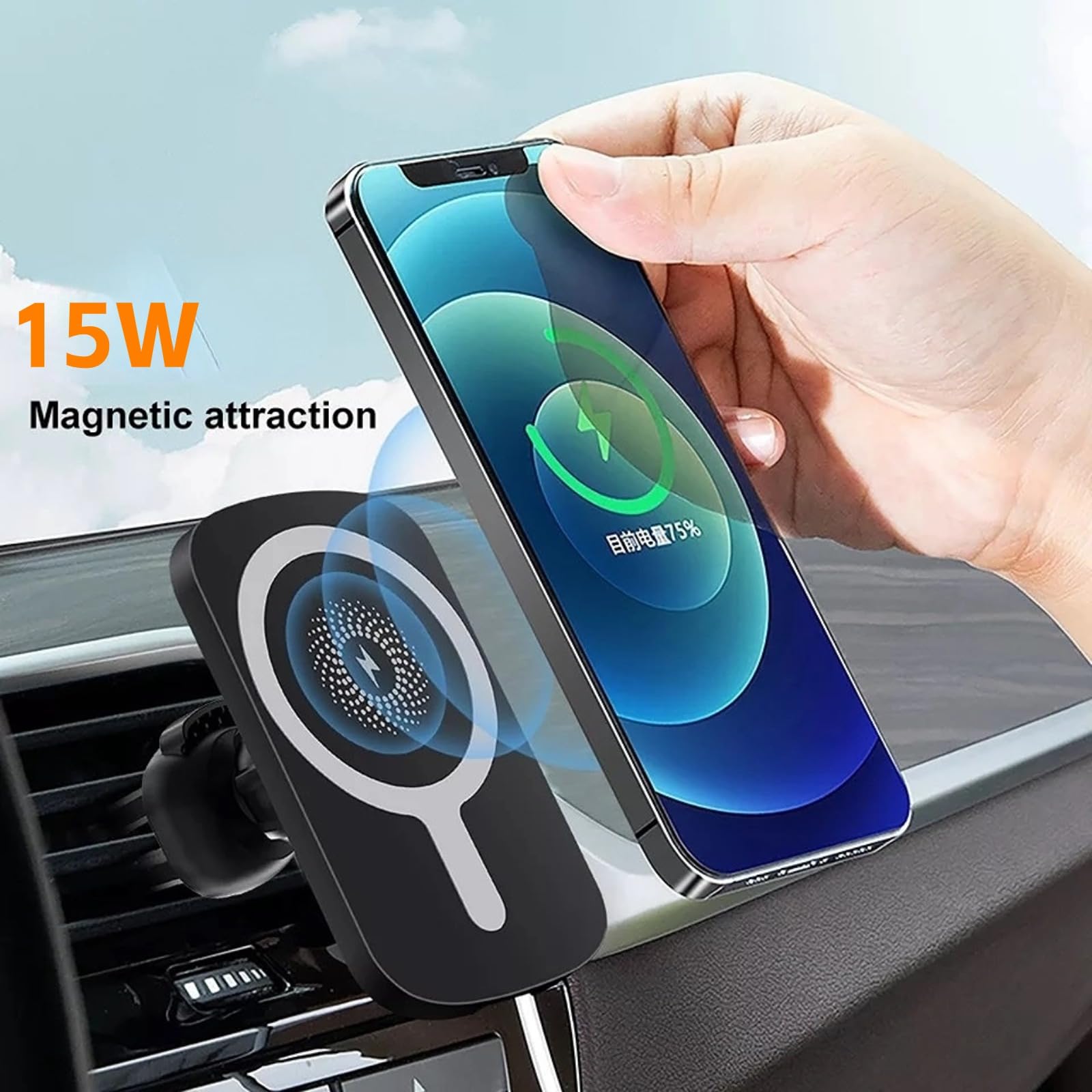 Fast Wireless Magnetic Car Charger 15W Max - Universal Phone Mount for Dashboard, Air Vent & Windshield - Qi-Certified for iPhone & Android - Perfect for Road Trips & Commuting