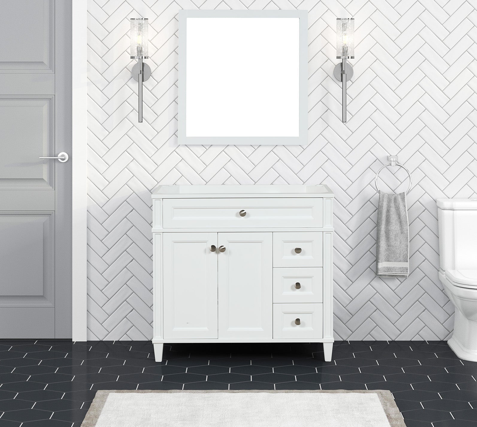 Kensington 35.5-Inch Right Drawers All Wood Vanity Cabinet in Bright White - Perfect for Bathroom Storage & Organization