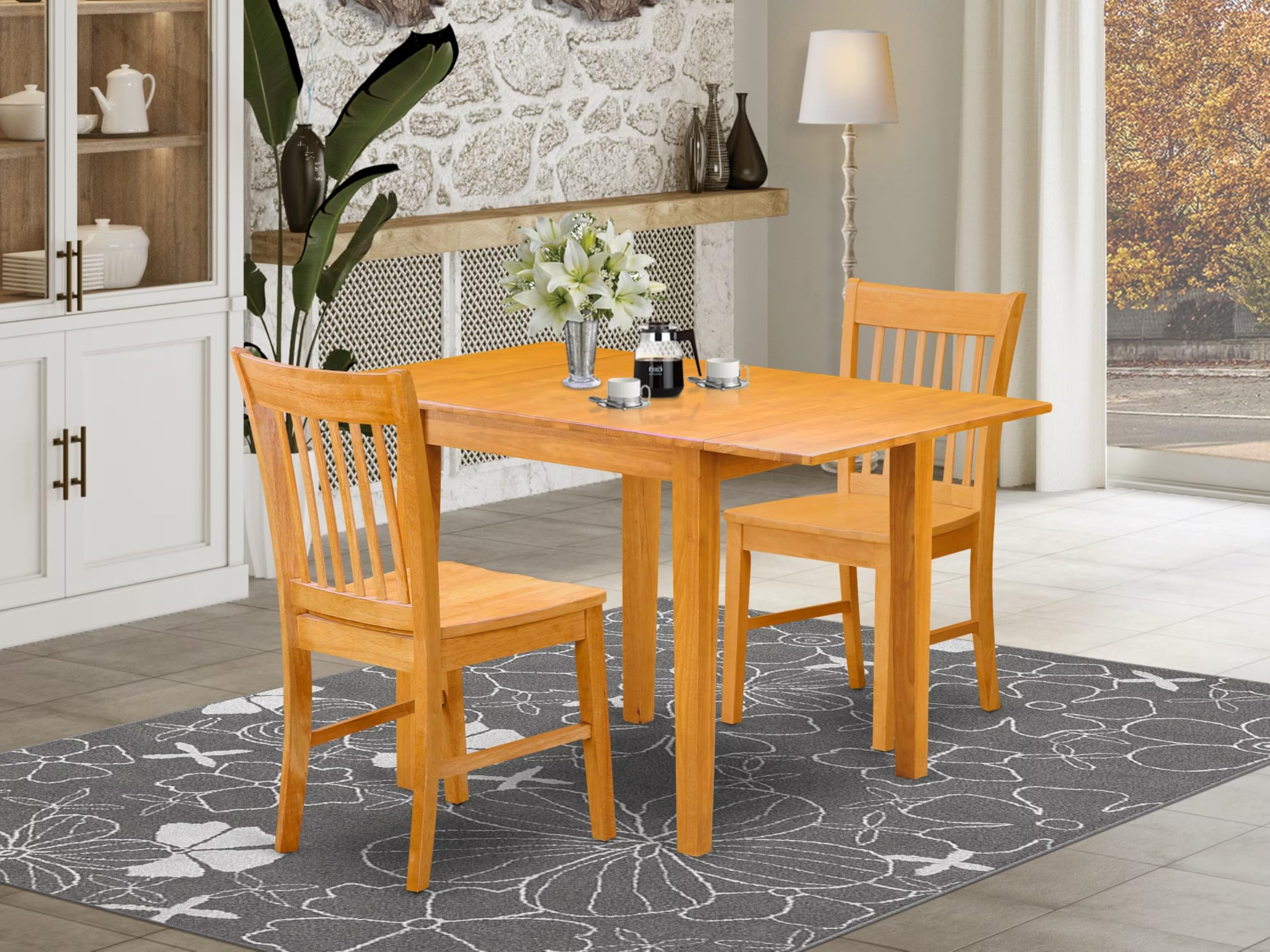 East West Furniture NDNO3-OAK-W 3-Piece Oak Kitchen Table Set with Drop-Leaf Dining Table & 2 Chairs for Small Spaces (30x48 Inch) - Perfect for Apartments, Breakfast Nooks & Cozy Dining Areas