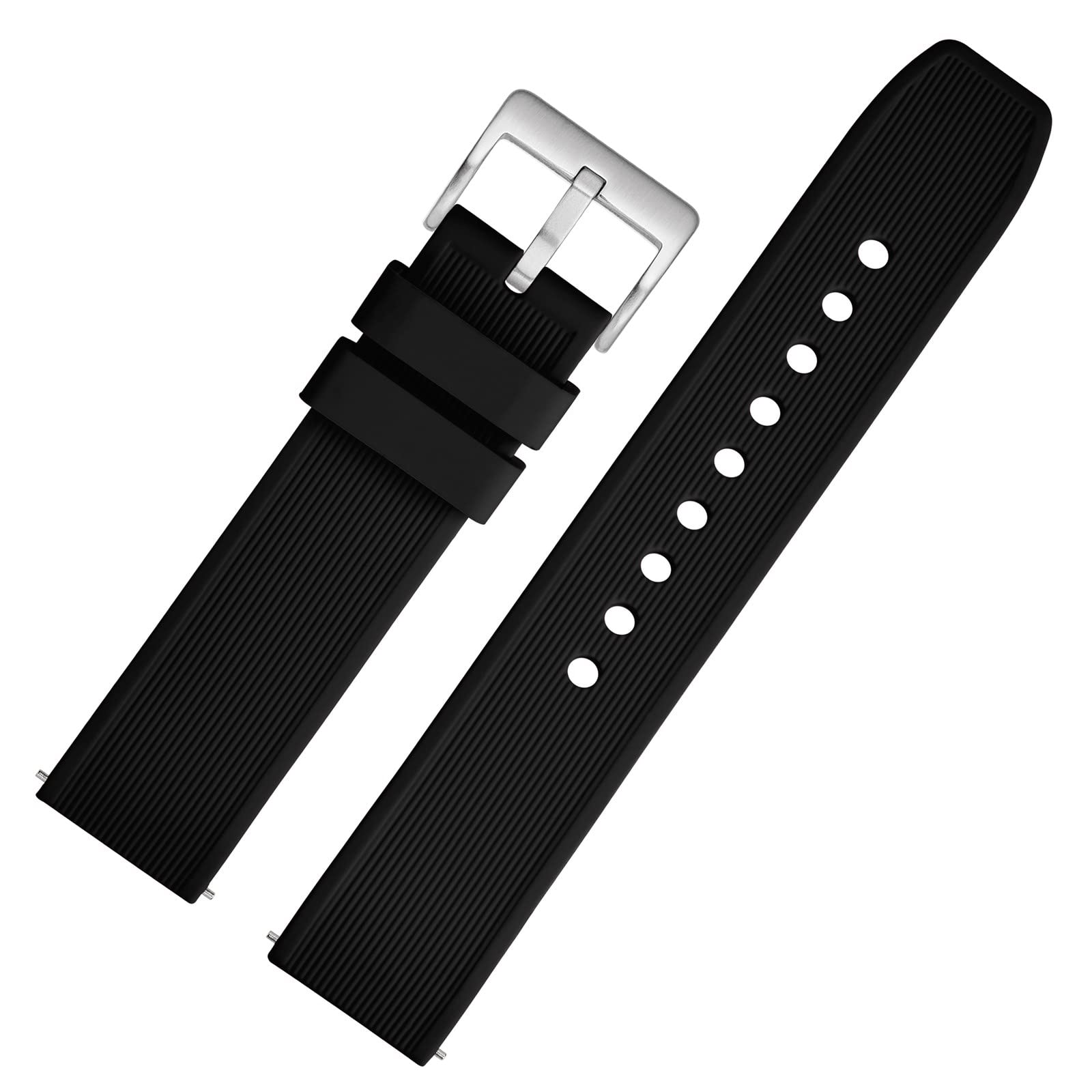 WOCCI 18mm Striped Silicone Watch Band Replacement Strap with Brushed Silver Buckle - Black - Durable & Comfortable Wristband for Apple Watch, Samsung Galaxy Watch, Fitbit - Perfect for Workouts, Running & Everyday Wear