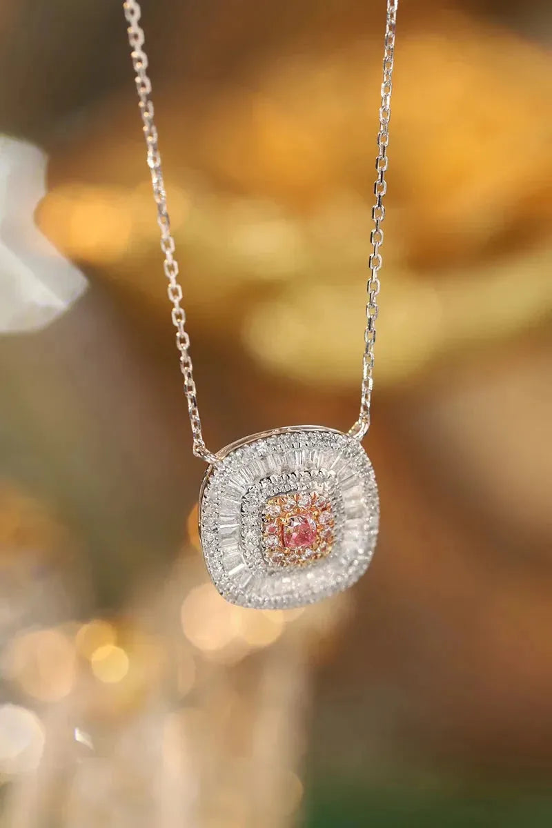 18K White Gold Pink Diamond Pendant Necklace for Women - Square Cut Shiny Real Natural Diamond Jewelry - Perfect for Parties, Weddings & Special Occasions