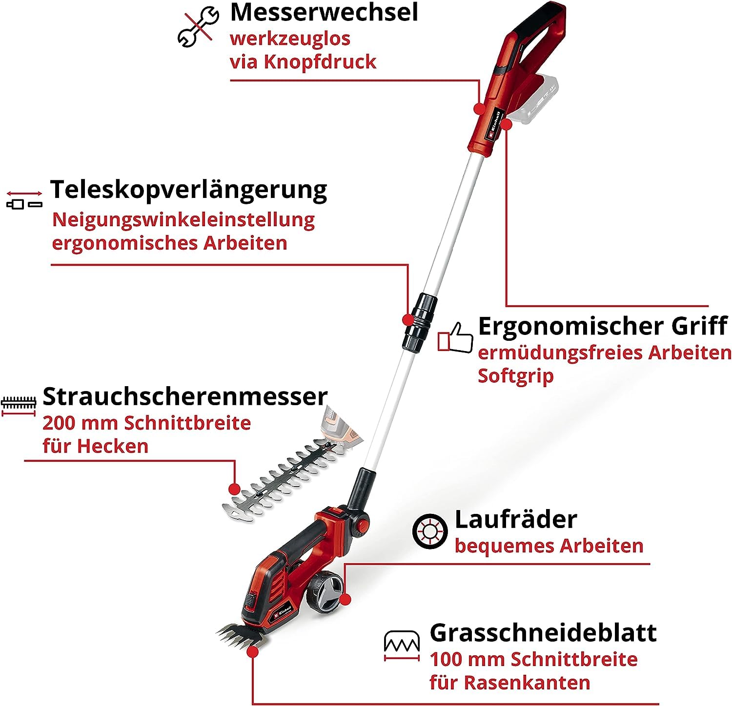 Einhell GE-CG 18/100 Li T-Solo Cordless Grass & Shrub Shear - 18V Lithium-Ion Battery (Not Included) - Telescopic Handle, 100mm Grass Blade & 200mm Shrub Blade - Perfect for Lawn Trimming, Hedge Cutting & Garden Maintenance