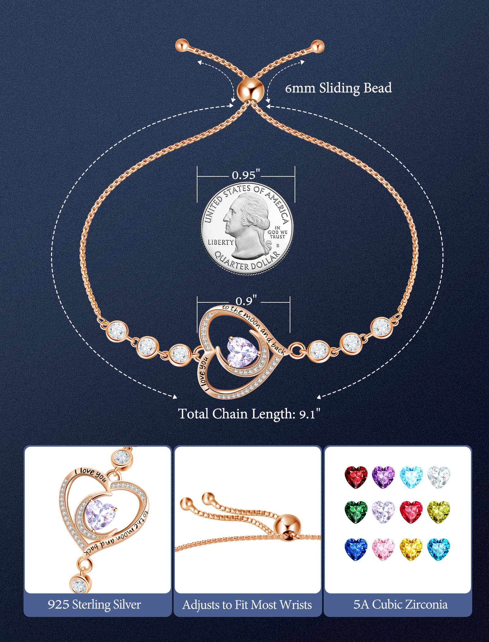 925 Sterling Silver Birthstone Bracelet for Women - Adjustable Tennis Bracelet, Luxurious I Love You Jewelry Gift for Wife, Mother, Girlfriend - Perfect for Christmas, Anniversary, Birthday - Elegant Everyday Wear & Special Occasions