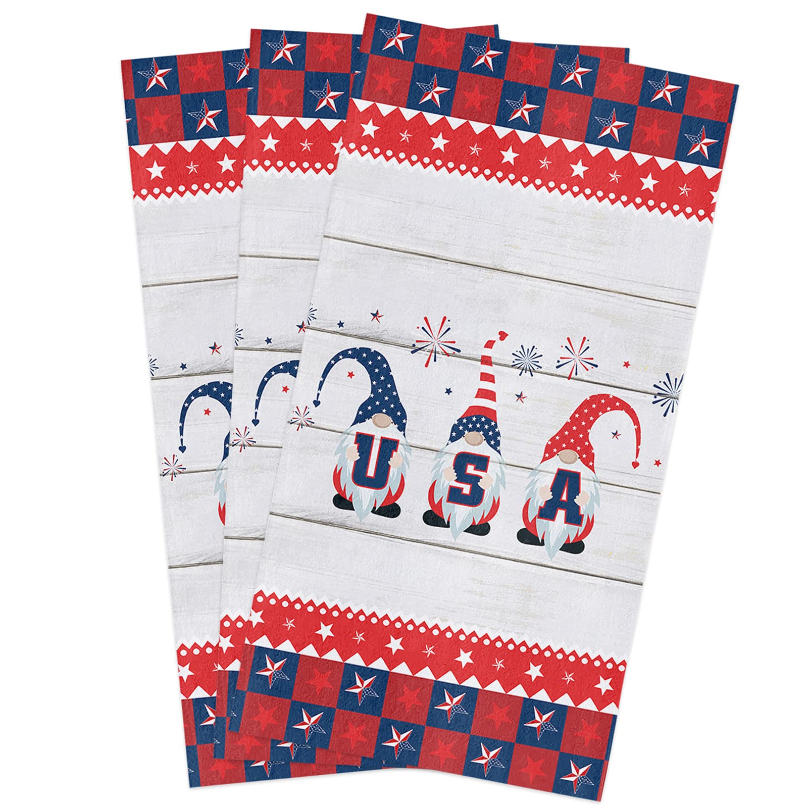 **3 Pack Super Absorbent Microfiber Dish Towels - American Flag & Gnome Design, Rustic Wood Grain Print - Soft Kitchen, Bathroom & Bar Cleaning Cloths for Dishes, Hand Drying & Tea Towels**    *(Use for drying dishes, wiping countertops, polishing glassware, or as decorative hand towels in kitchens, bathrooms, and bars.)*