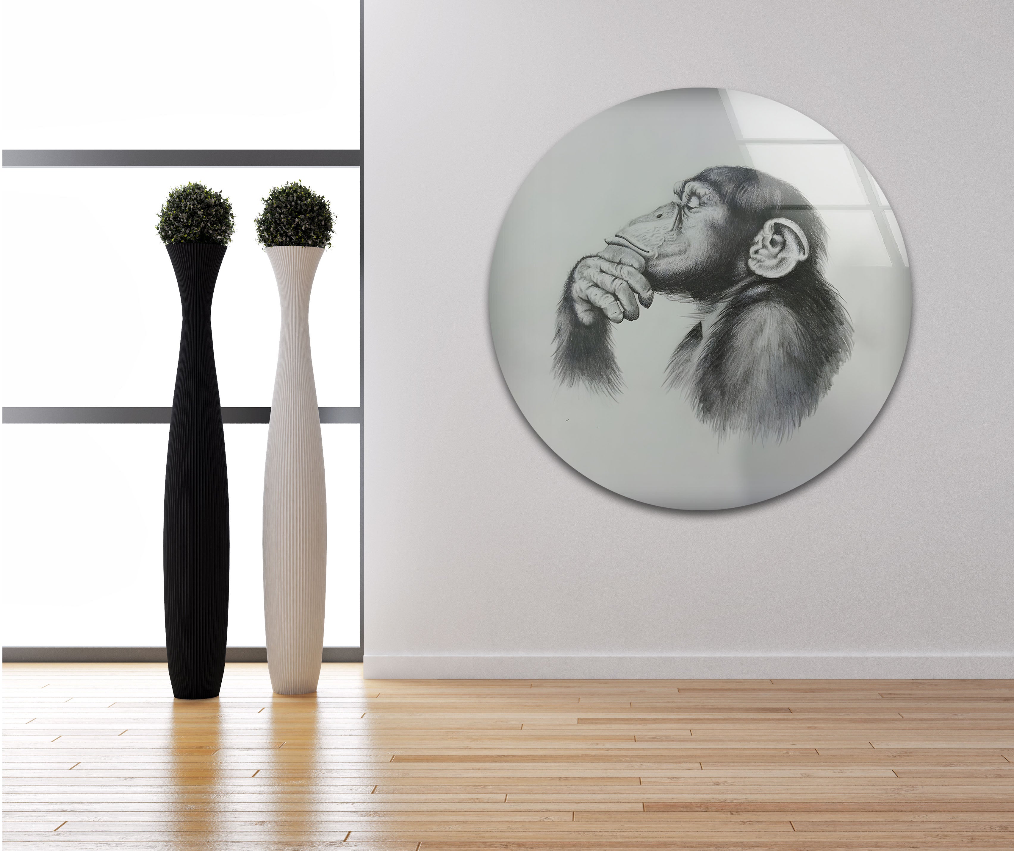 Black and White Monkey Drawing Glass Wall Art - Elegant Home Decor for Living Room, Bedroom, or Office