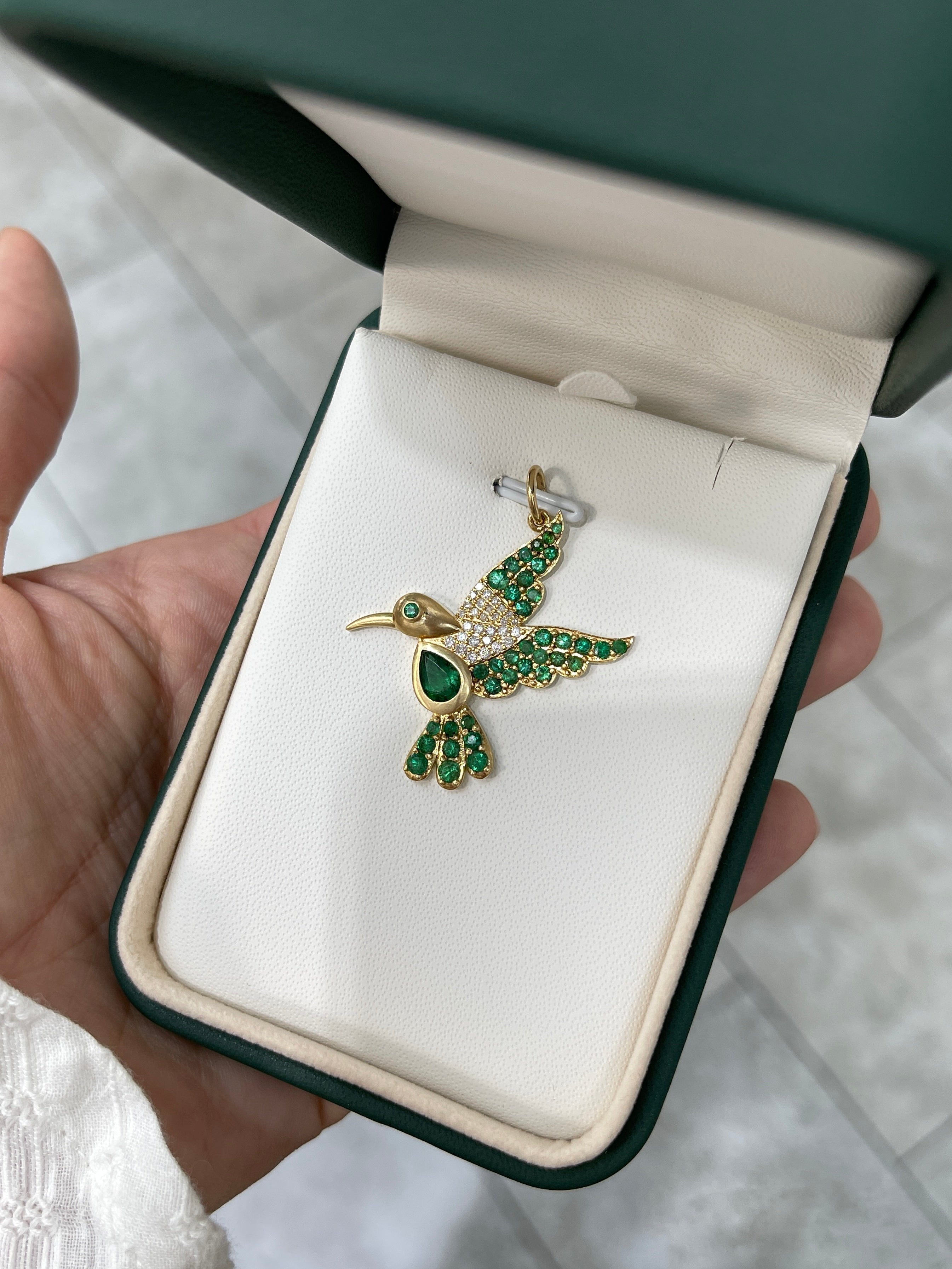 2.16tcw Natural Emerald & Diamond Hummingbird Pendant in 14K Gold - Elegant Jewelry Gift for Women, Perfect for Birthdays, Anniversaries & Special Occasions
