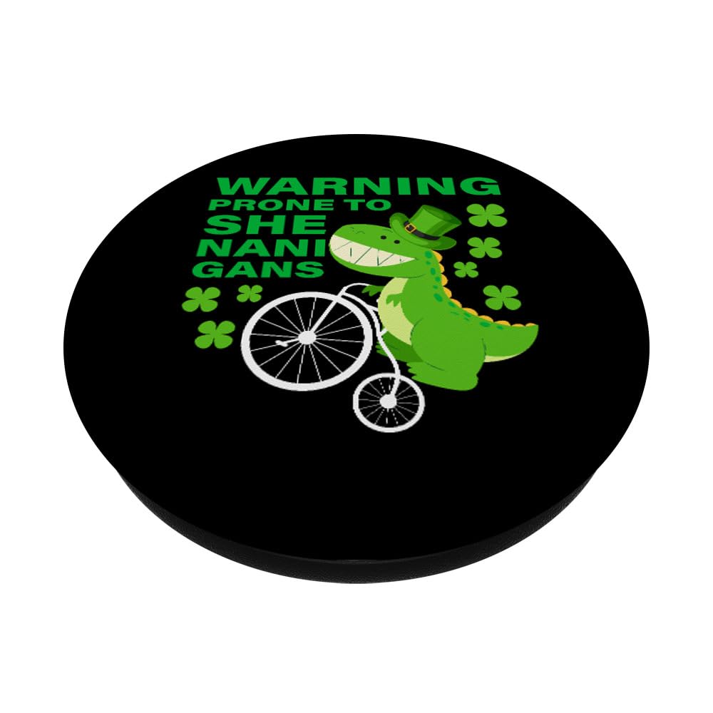 Funny St. Patrick's Day Dinosaur PopSocket - Warning Prone to Shenanigans PopGrip Phone Grip & Stand - Perfect for Irish-Themed Parties & Gifts