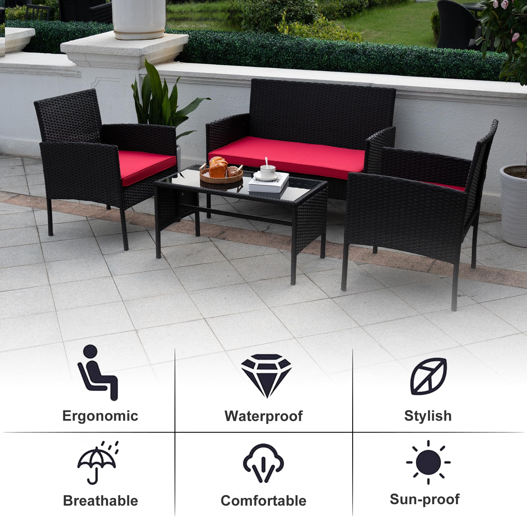 4-Piece Outdoor PE Rattan Patio Furniture Set - Wicker Sofa Sectional & Chairs for Garden, Yard, Porch - Perfect for Relaxing & Entertaining Guests
