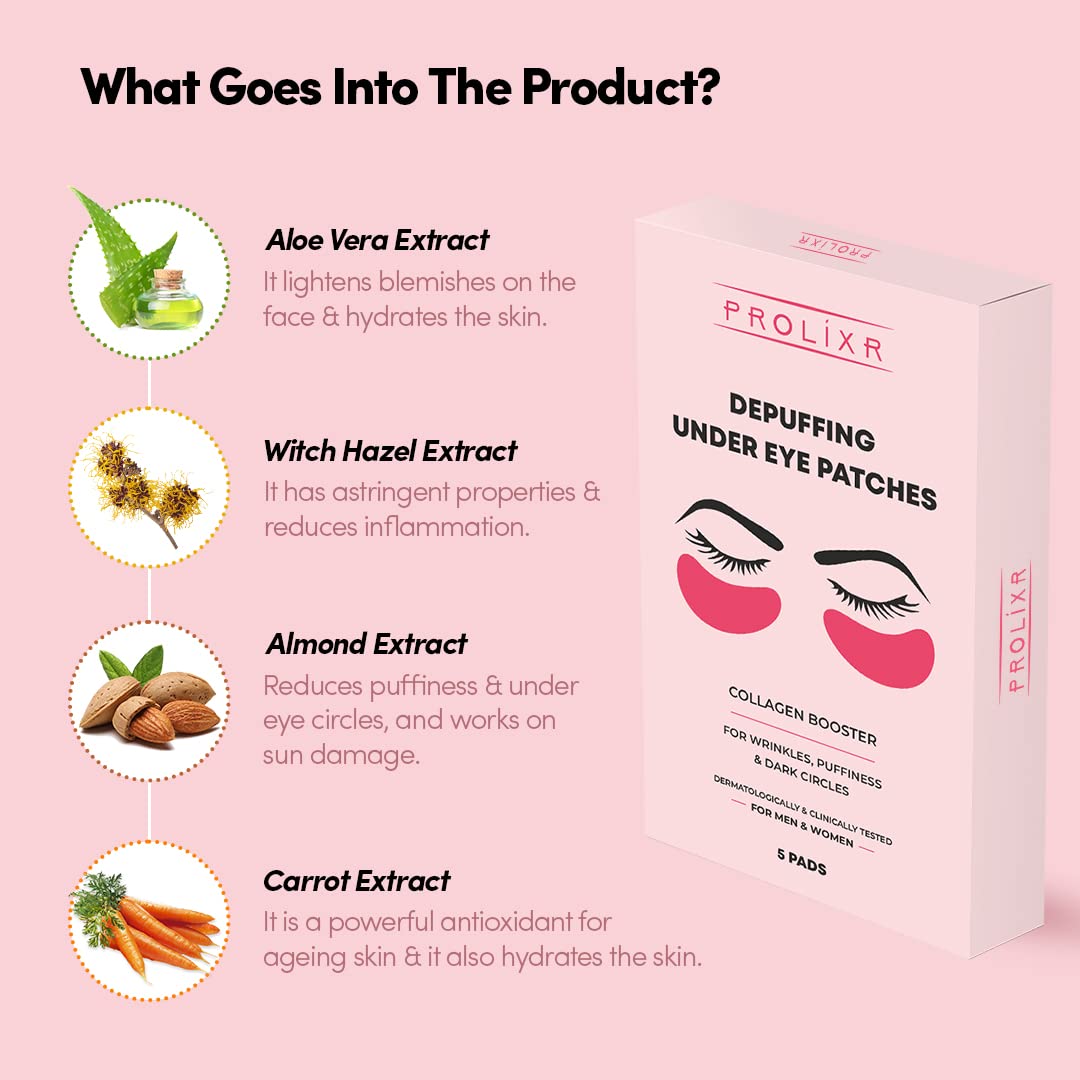 Prolixr Depuffing Under Eye Patches for Dark Circles, Puffiness & Inflammation - 5 Pairs with Aloe Vera, Witch Hazel, Carrot & Almond Extract - Hydrating Collagen Eye Mask for Women & Men - Perfect for Morning Routine, Travel & Post-Party Recovery