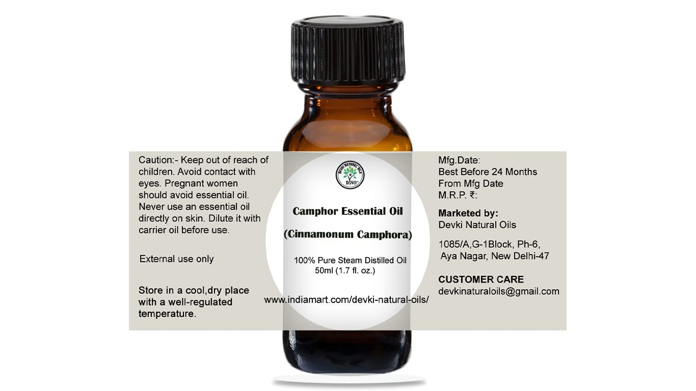 DVNO Camphor Oil - 50ml | 100% Pure & Natural Undiluted Essential Oil for Skin Care, Hair Care & Aromatherapy | Relieves Muscle Pain, Improves Respiratory Health | Perfect for Massage, Diffuser & DIY Beauty Products