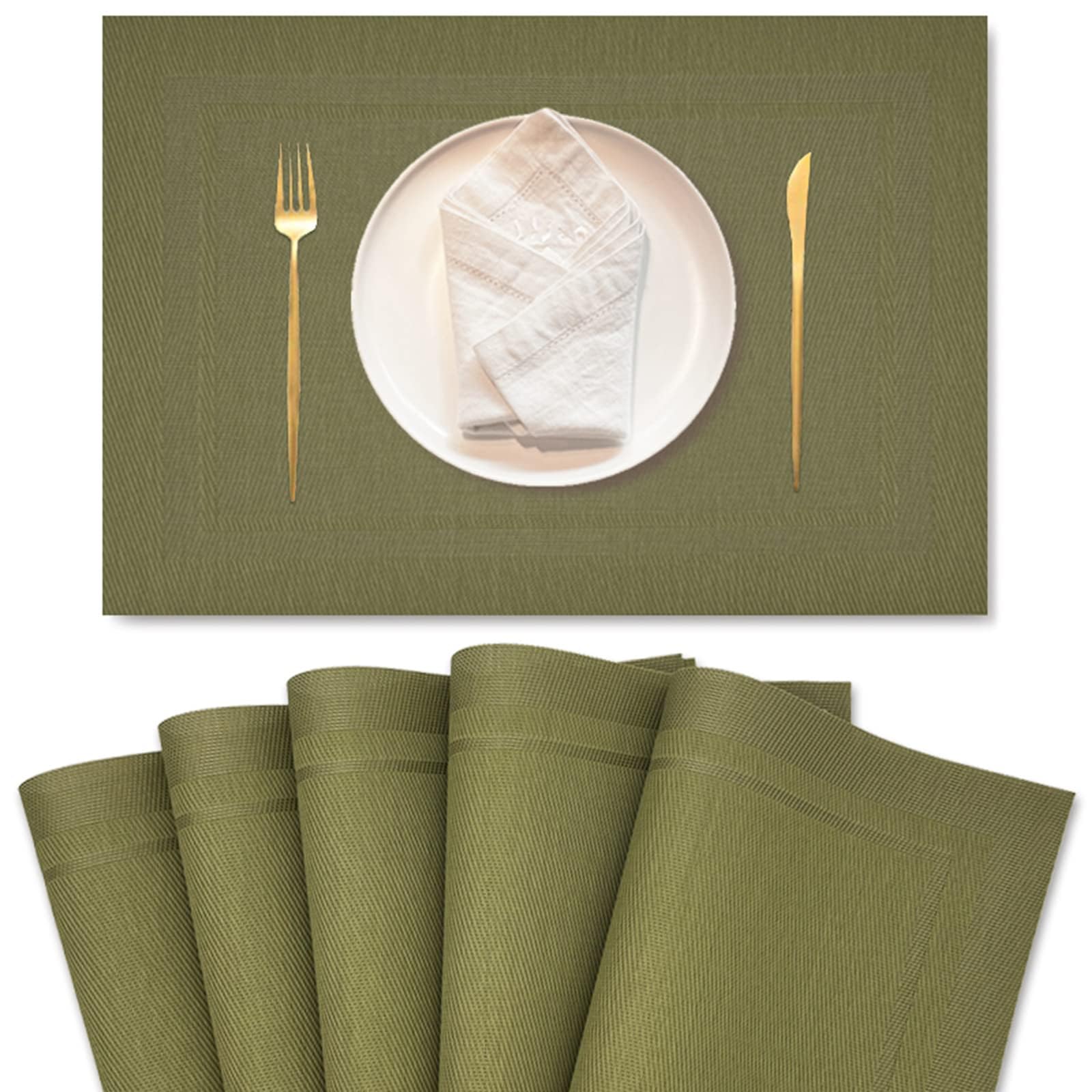 6-Pack PVC Heat-Resistant Placemats Set - Double Sided Washable Table Mats for Kitchen, Dining & Restaurant Use - Easy to Clean & Durable - Green Color Place Settings for Everyday Meals & Entertaining