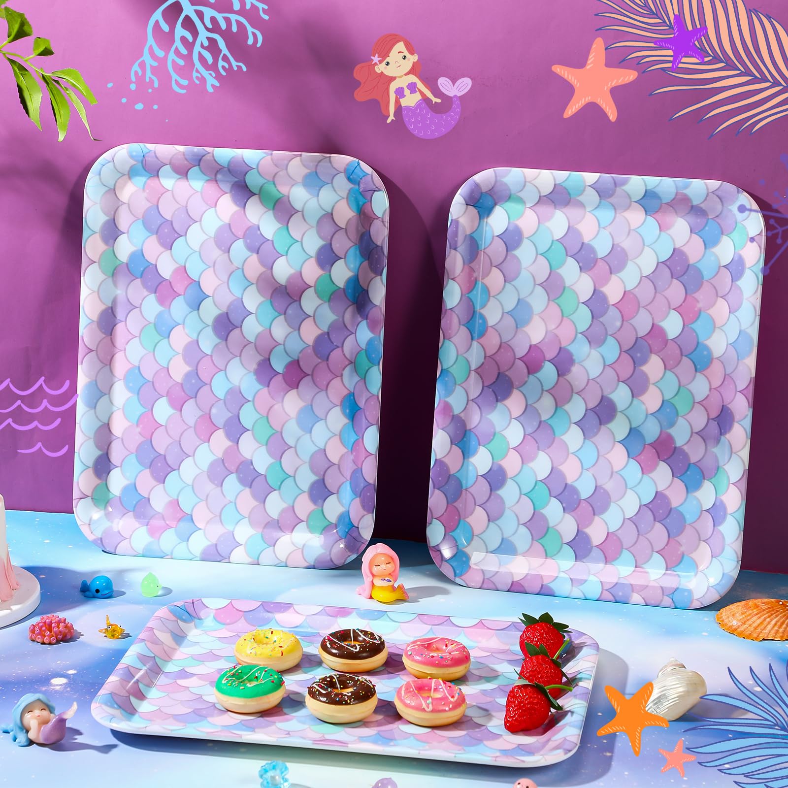 Zubebe 3-Piece Mermaid Serving Tray Set - 13 x 10 Inch Ocean Theme Platters for Snacks, Cookies & Desserts | Reusable Party Serving Dishes for Mermaid Birthday, Beach Themed Events & Home Decor
