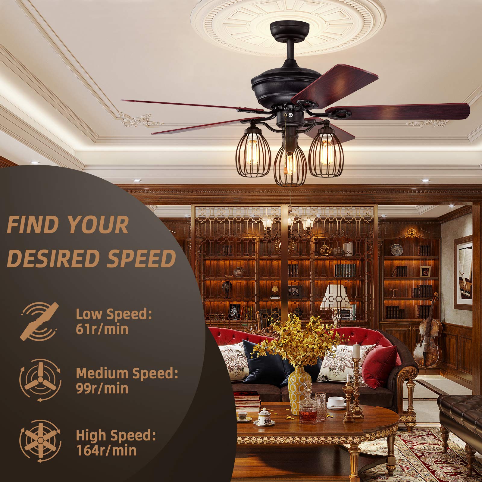 Tangkula 52-Inch Industrial Ceiling Fan with 5 Iron Blades & 3 Cage Lights - Quiet Reversible Motor, 3-Speed Pull Chain Control - Farmhouse Style for Living Room, Bedroom, Kitchen, or Outdoor Patio