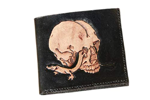 Hand-Carved 3D Genuine Leather Wallet for Men - Custom Personalized Skull & Lizard Design - Perfect for Gifts, Everyday Use & Biker Lifestyle