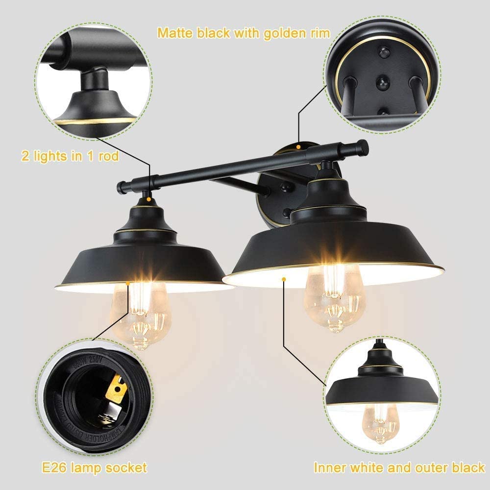 Depuley 2-Light Vanity Wall Sconce - Rustic Matte Black Industrial Wall Lamp for Mirror Lighting - E26 Base - Perfect for Bedroom, Bathroom, Dressing Table & Cabinet Decor