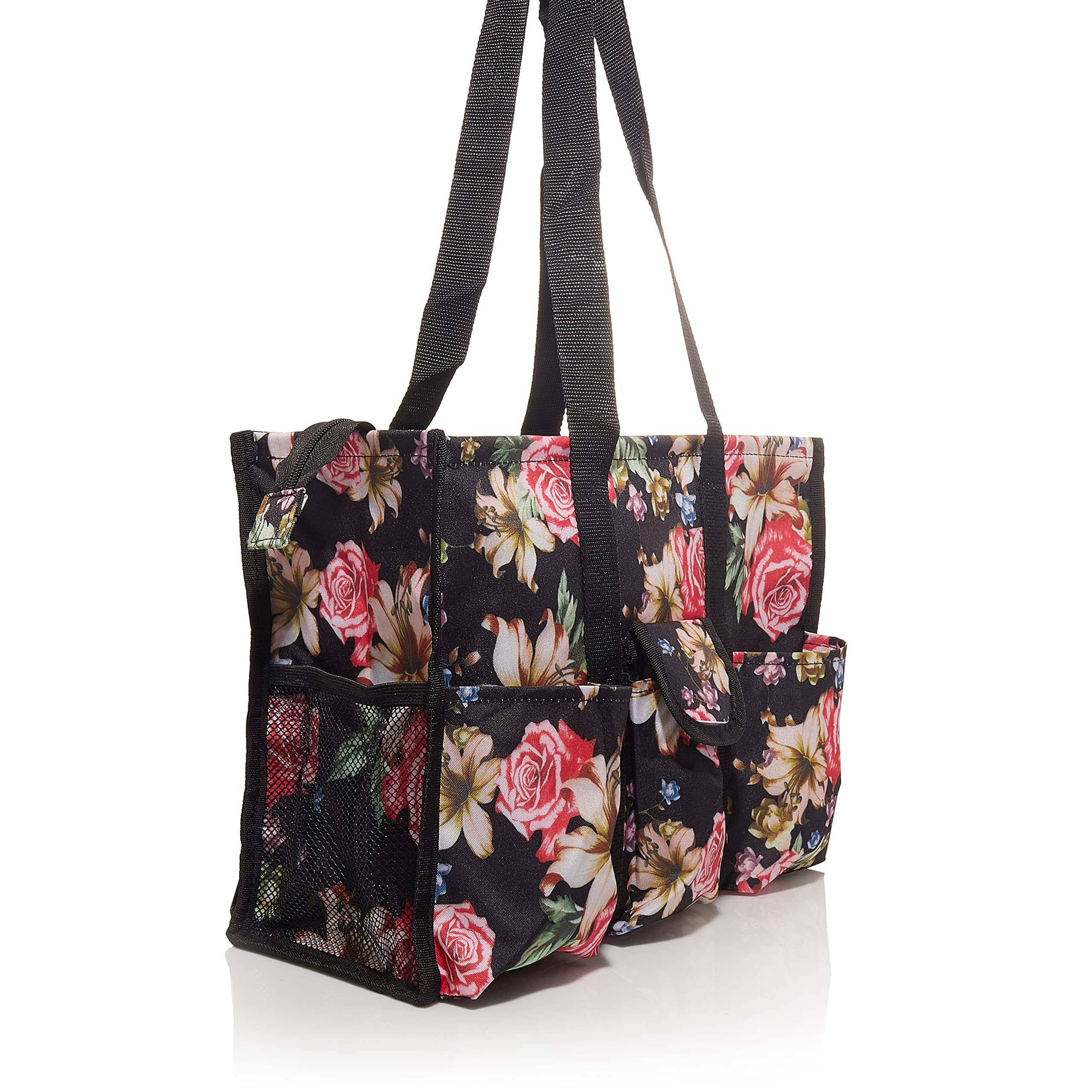 Lucazzi Large Zippered Utility Tote Bag for Work - 12 Pockets (8 Exterior + 4 Interior) Organizer Bag for Nurses, Teachers & Professionals - White Floral Print - Perfect for Hospital Shifts, Classroom Supplies & Daily Commute