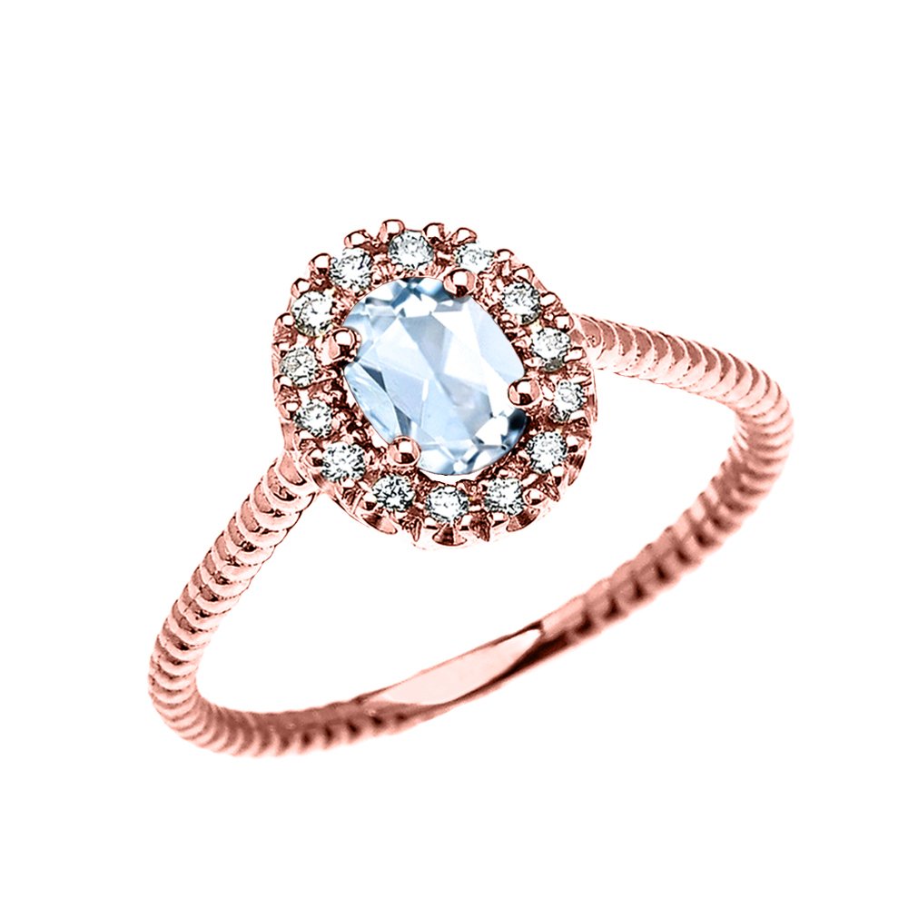 10K Rose Gold Dainty Oval Halo Diamond & Solitaire Aquamarine Rope Design Engagement Ring | Promise Ring for Women | Elegant Wedding, Anniversary & Valentine's Day Gift