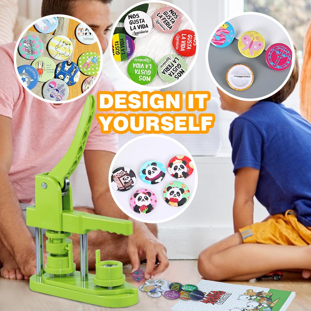 32mm (1.25 inch) DIY Button Maker Machine - No Installation Required Pin Badge Press with 500pcs Button Parts, 100pcs Pictures & Adjustable Circle Cutter (Green) - Perfect for Custom Pins, DIY Gifts, School Projects & Craft Fairs