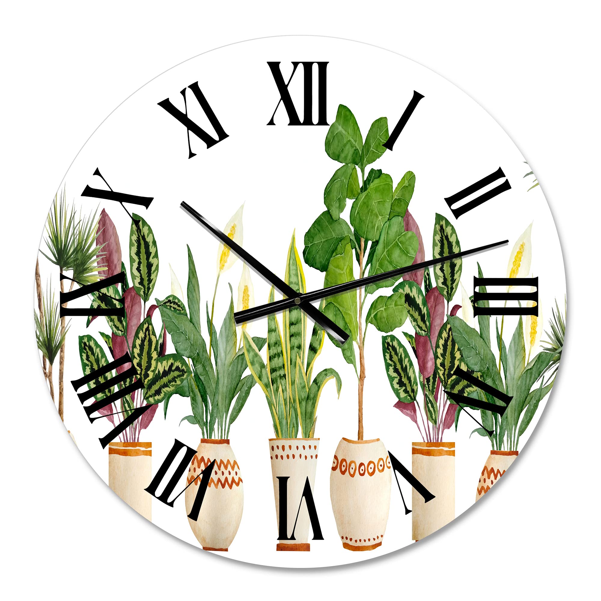 Farmhouse Wall Clock with Trio of Houseplants - Large Sansevieria Snake Plant Design for Kitchen, Living Room & Office Decor - Floral & Botanical Wall Art