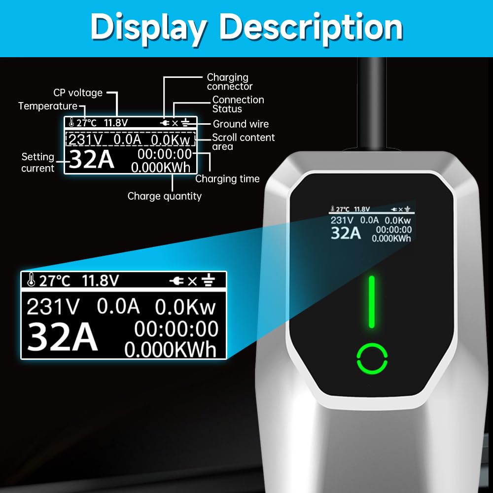 Portable Level 2 EV Charger 7.68KW Fast Charging Station with J1772 Connector & NEMA 14-50 Plug | Smart Scheduled Charging | Compatible with All Electric & Hybrid Vehicles | Perfect for Home, Garage & Road Trip Charging