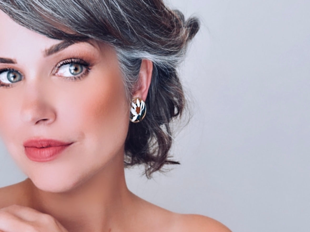 White Lily Clip On Earrings - Unique Enamel Cut Out Vintage Earrings in Gold, Green & Blue Cloisonné | Perfect for Weddings, Parties & Special Occasions
