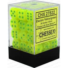 Chessex D6 36-Pack Dice Set - 12mm Electric Yellow with Green Vortex Pipped D6 Dice for Tabletop RPGs, Board Games & D&D Accessories